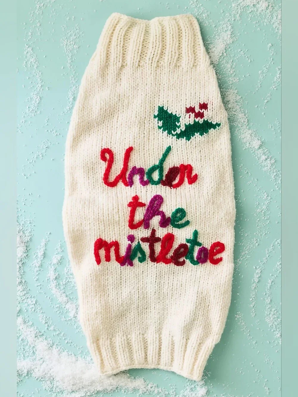 Anthropologie Hand Knit Holiday 'Under the Mistletoe' Cream Dog Sweater M